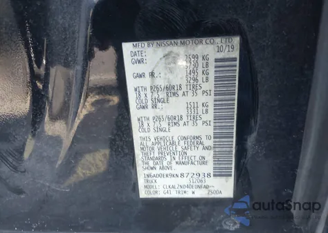 2019 Nissan Frontier Sv z USA, uszkodzony, nr VIN 1N6AD0ER9KN872938